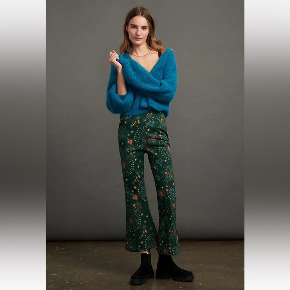 FARM RIO Fernanda Green Toucan Heart Cropped‎ Flare Pants Size XS